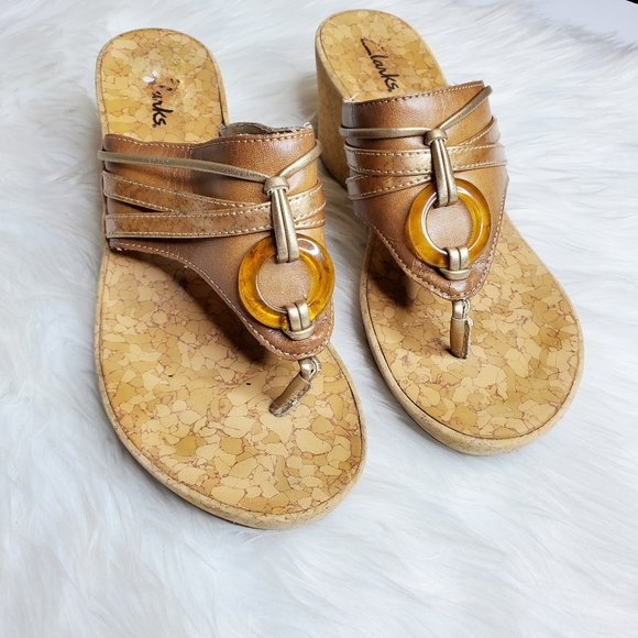 Clarks Gold Leather & Medallion Wedges - Picture 3 of 6